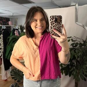 Pilcro Gianna Contrast Short Sleeve V-Neck Tee Peach Pink Size XS